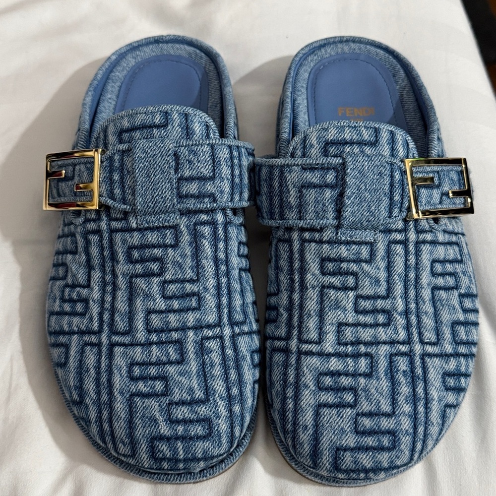 FENDI shoes denim logo buckle mules blue NEW 37